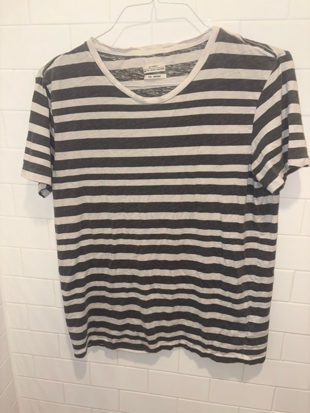 All Saints Black & White Striped Short Sleeve Crew Tee
